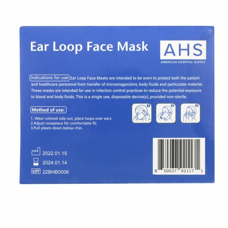 American Hospital Supply Earloop Masks Disposable, 50PK AHSFM1_BX